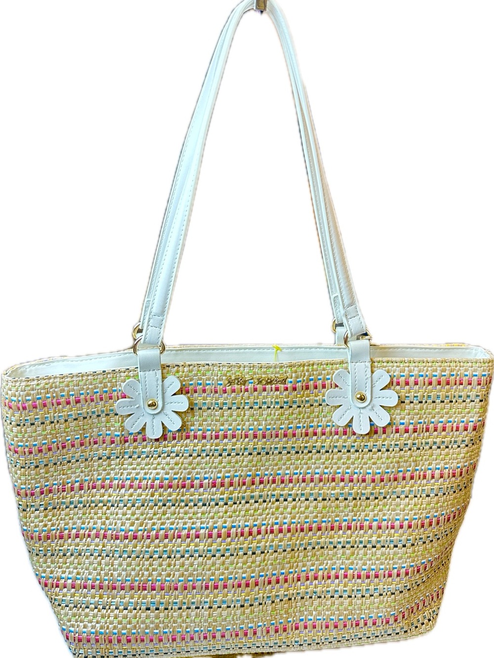 Betsey Johnson White-Strap Woven Tote Multi Color & Tan w/ Cosmetic Bag
